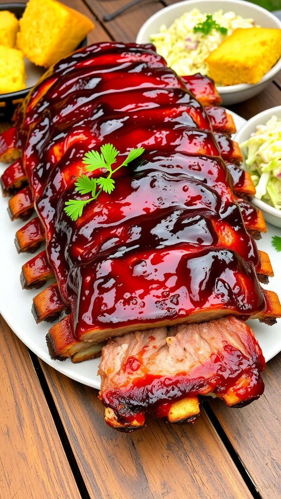 Barbecue ribs coated in sauce, garnished with parsley, served with coleslaw and cornbread on a wooden table.